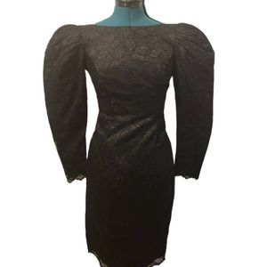 1980s Little Black Midi Dress with Leg of Mutton Sleeves and lace shell